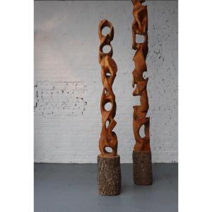 A Pair Of Sculptures Carved From The Trunk Of A Pine Tree By Marc Lampens Circa 1990