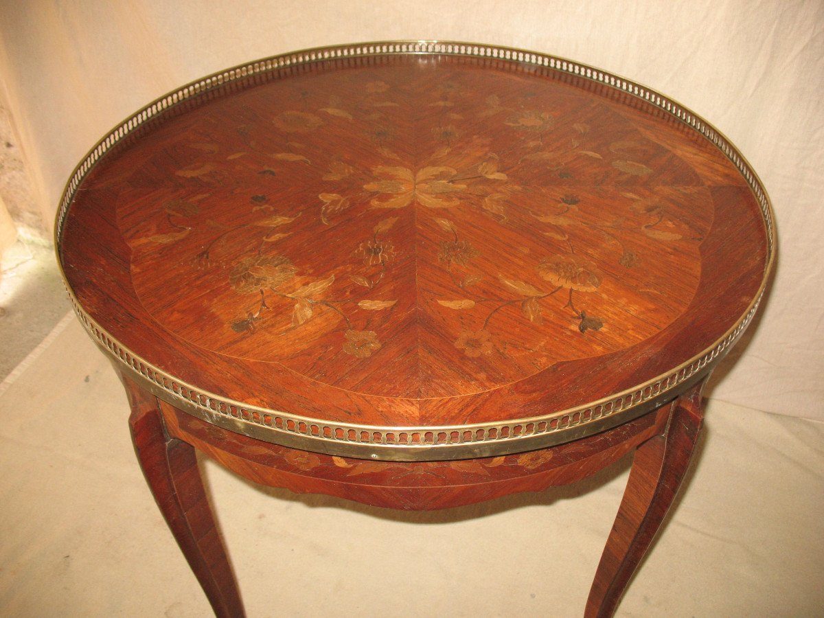 Table bouillotte en marqueterie de style Louis XV-photo-3