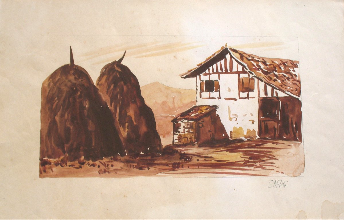 Watercolor Brown Wash View Of Sare And The Rhune Landscape Basque Country 20th Time-photo-2