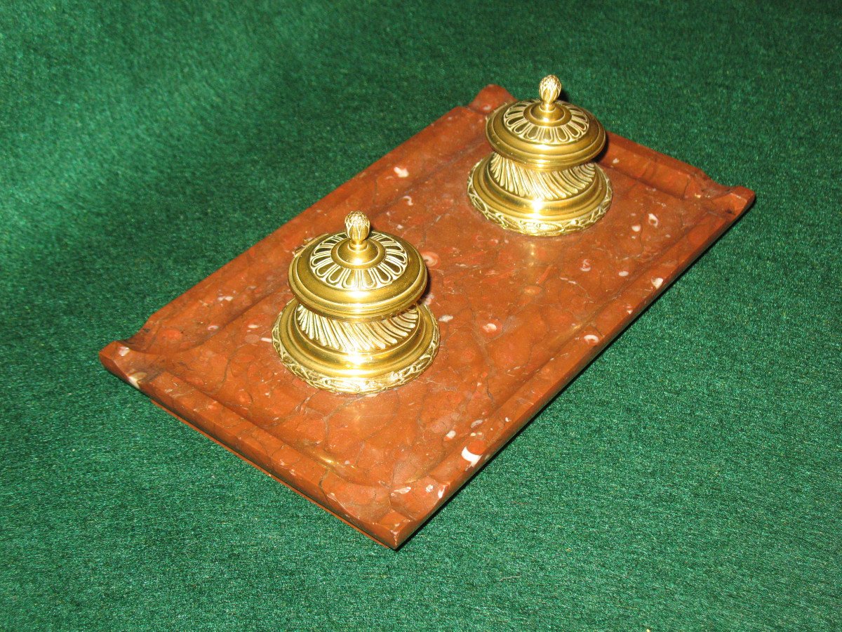 Double Inkwell In Bronze And Cherry Red Marble, Louis XVI Style, 19th Century-photo-2