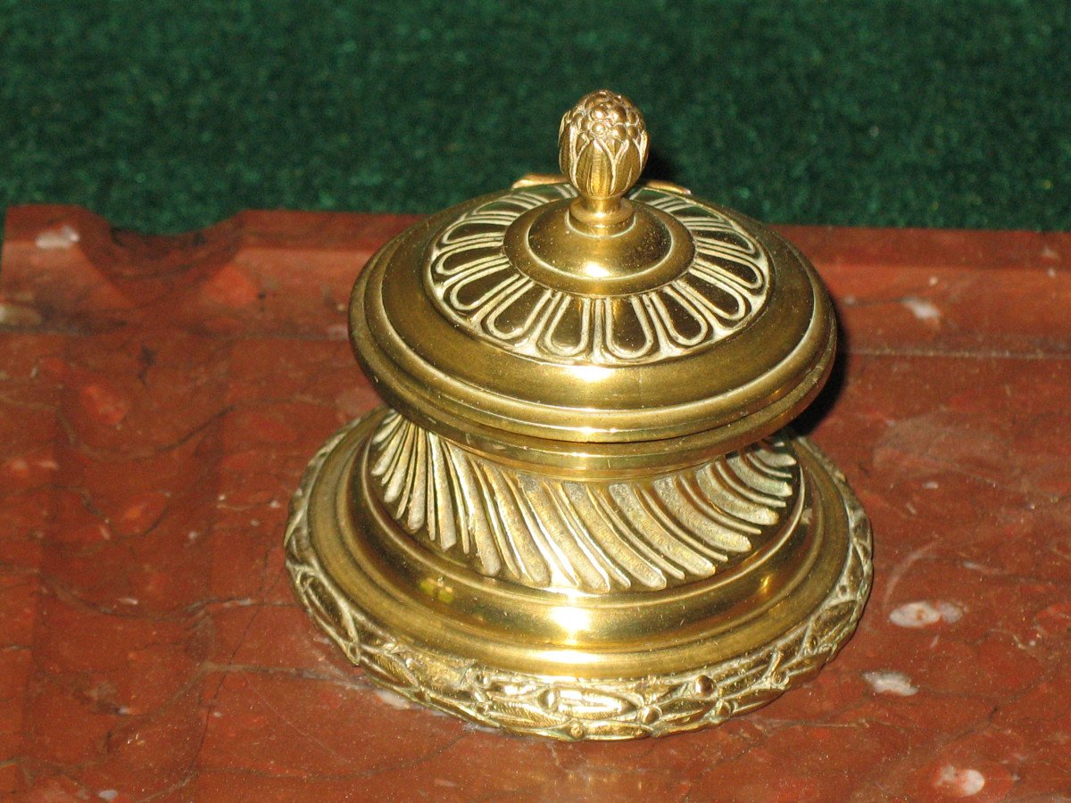 Double Inkwell In Bronze And Cherry Red Marble, Louis XVI Style, 19th Century-photo-3