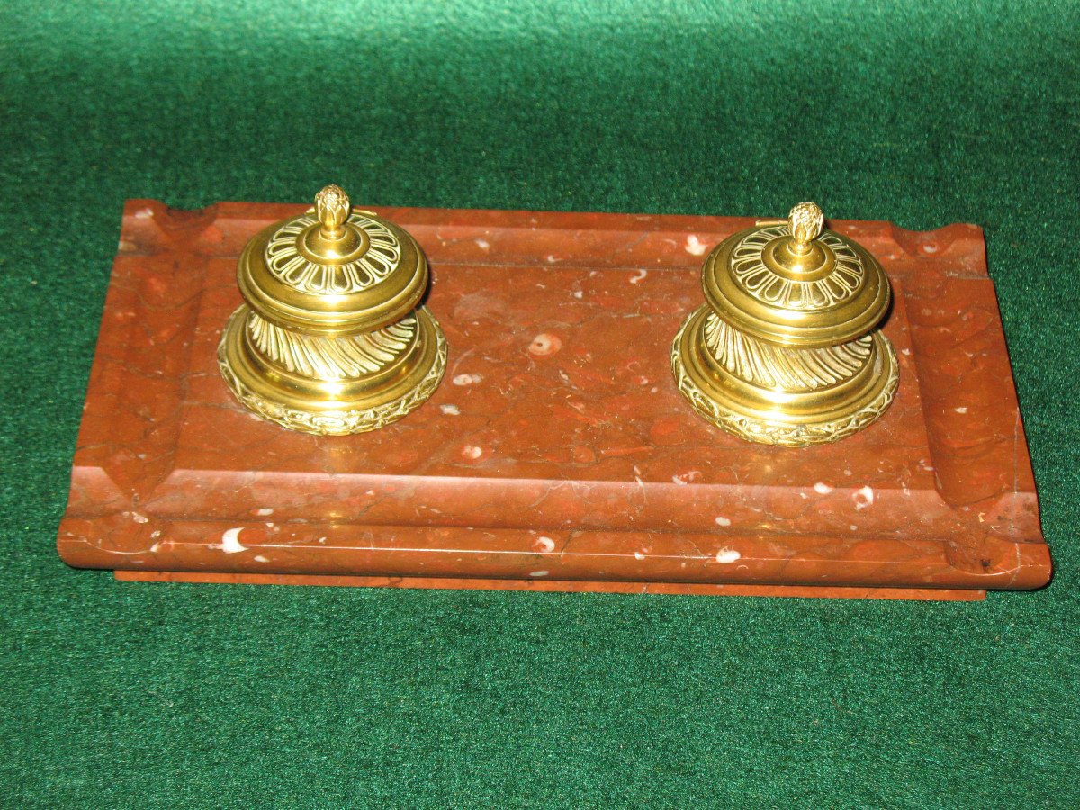 Double Inkwell In Bronze And Cherry Red Marble, Louis XVI Style, 19th Century-photo-4