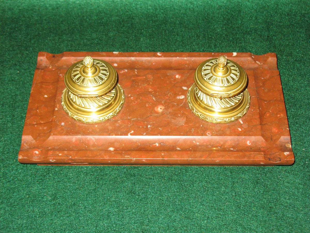 Double Inkwell In Bronze And Cherry Red Marble, Louis XVI Style, 19th Century-photo-1