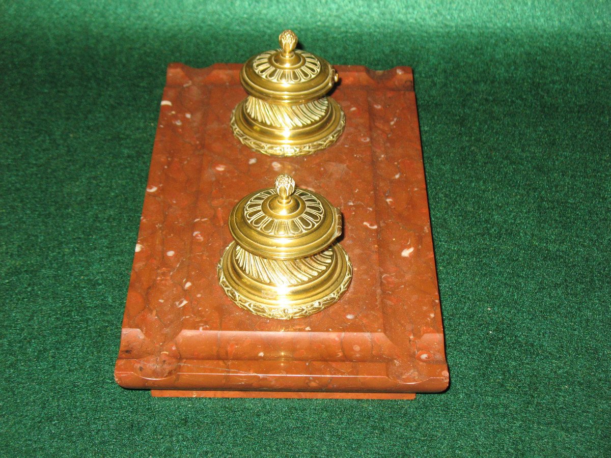 Double Inkwell In Bronze And Cherry Red Marble, Louis XVI Style, 19th Century-photo-4