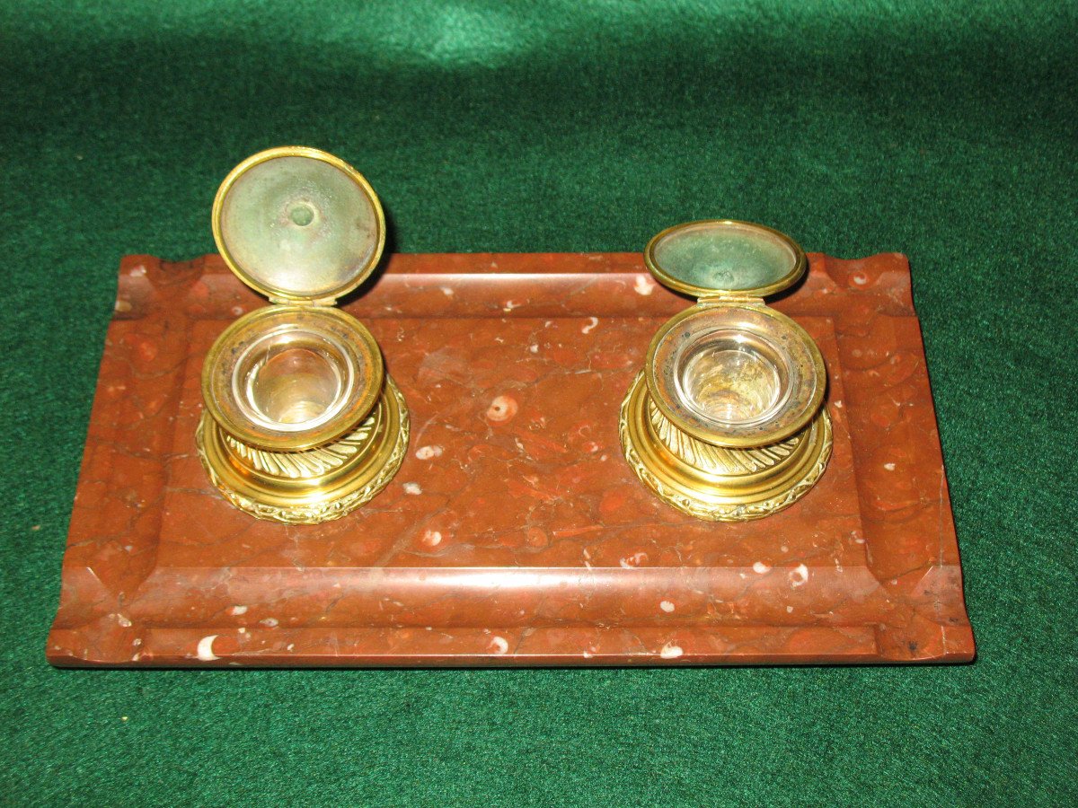 Double Inkwell In Bronze And Cherry Red Marble, Louis XVI Style, 19th Century-photo-5