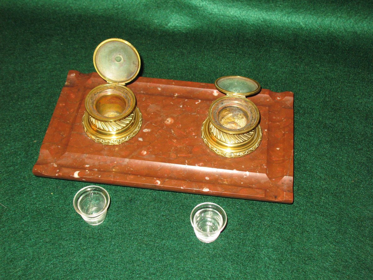 Double Inkwell In Bronze And Cherry Red Marble, Louis XVI Style, 19th Century-photo-6