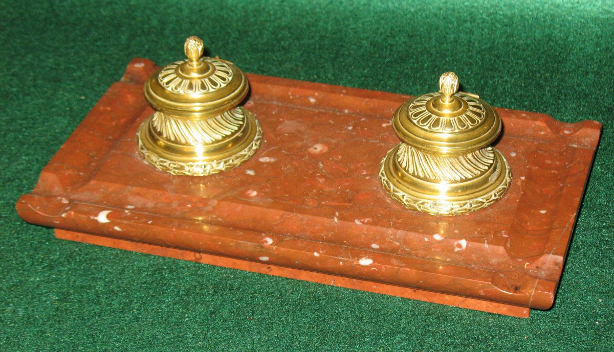 Double Inkwell In Bronze And Cherry Red Marble, Louis XVI Style, 19th Century