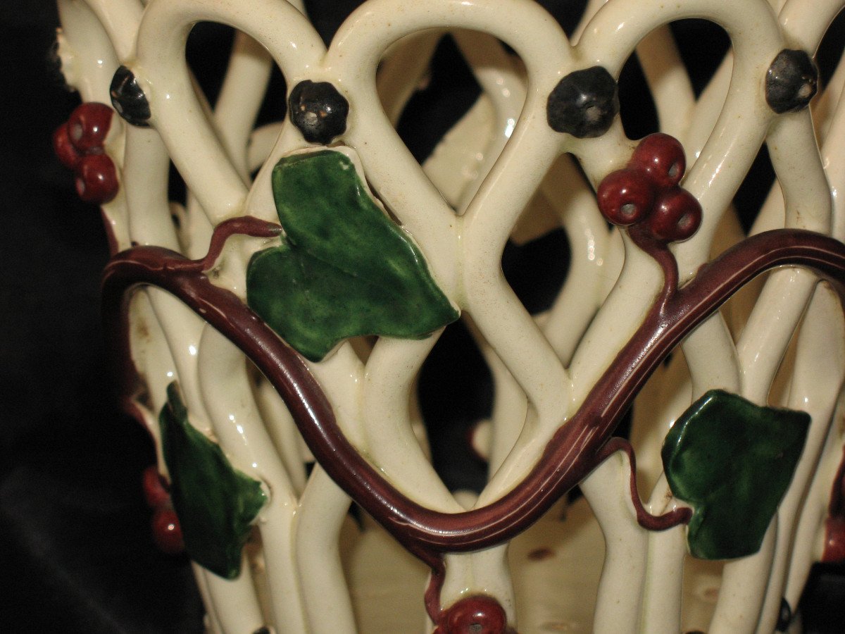 Langeais Earthenware Round Planter Decorated With Polychrome Berries Signed Ep. 19th-photo-4