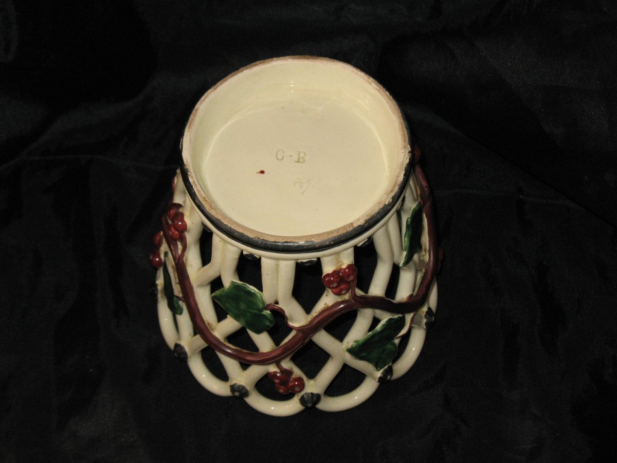 Langeais Earthenware Round Planter Decorated With Polychrome Berries Signed Ep. 19th-photo-3