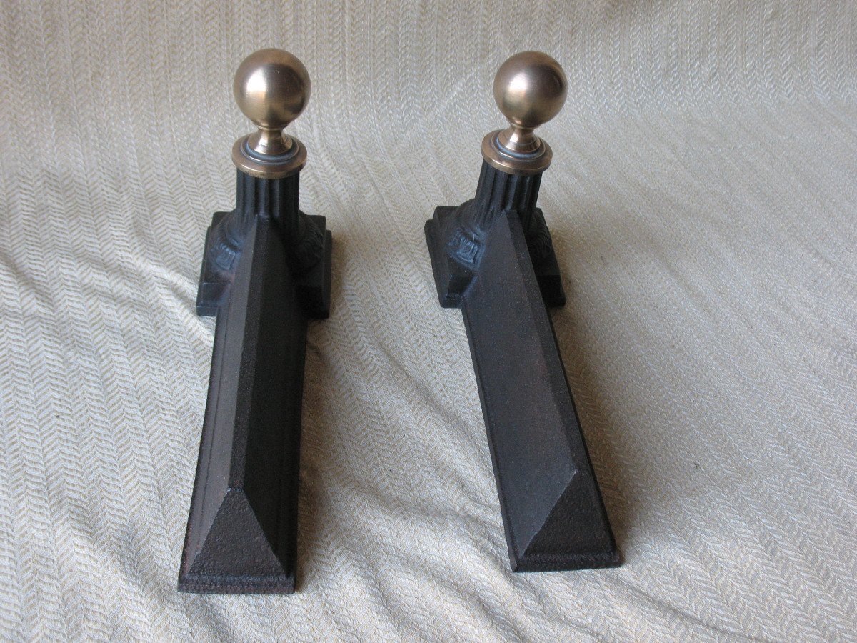 Pair Of Small Andirons In Cast Iron And Bronze In The Louis XVI Style, Early 20th Century-photo-4