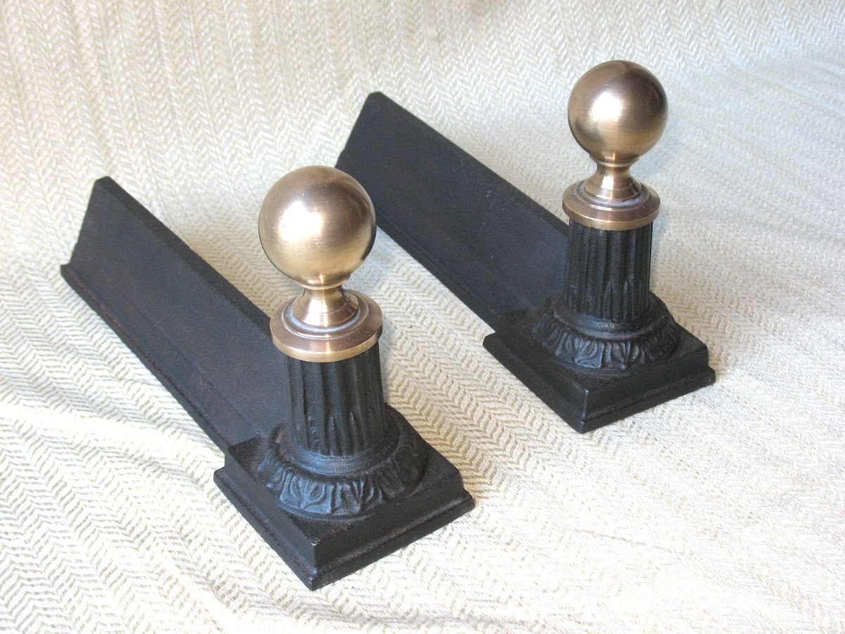 Pair Of Small Andirons In Cast Iron And Bronze In The Louis XVI Style, Early 20th Century
