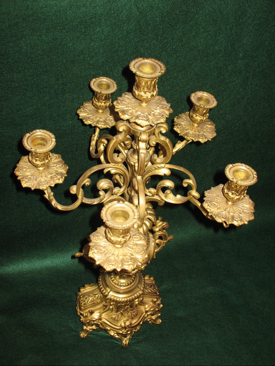 Paire de grands candélabres chandeliers à 6 lumières en bronze doré style rocaille époque 19ème-photo-2