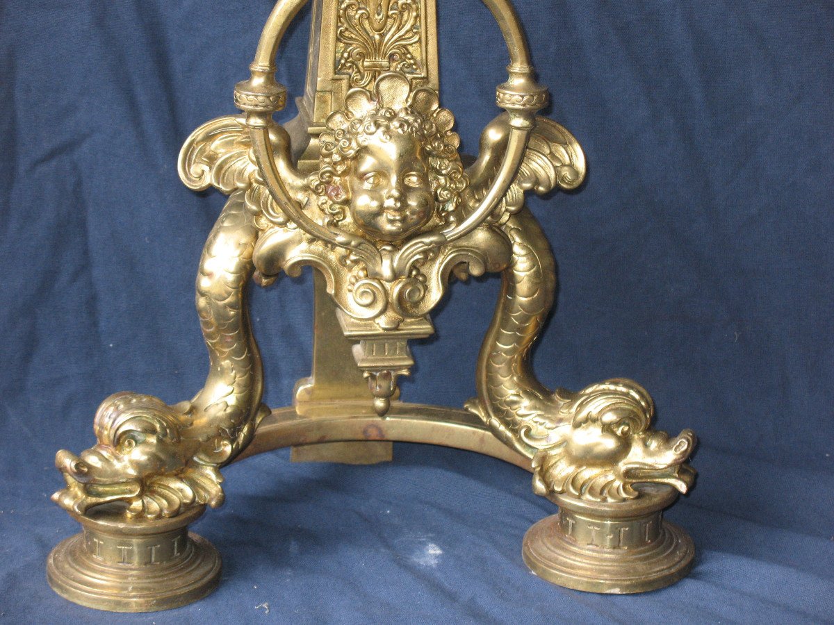 Pair Of Large Andirons Andirons In Gilded Bronze In The Louis XIV Style, 19th Century-photo-3
