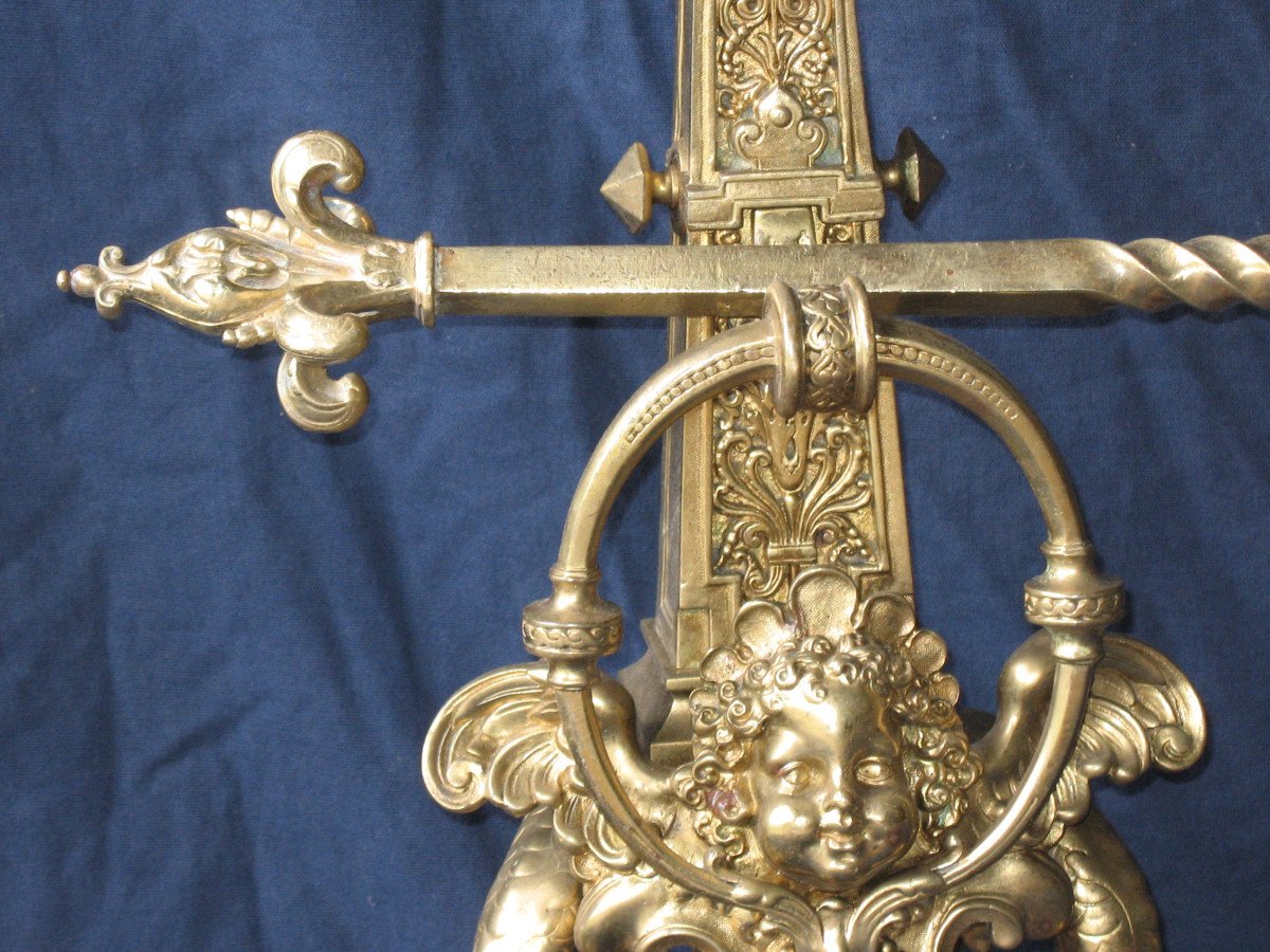 Pair Of Large Andirons Andirons In Gilded Bronze In The Louis XIV Style, 19th Century-photo-1