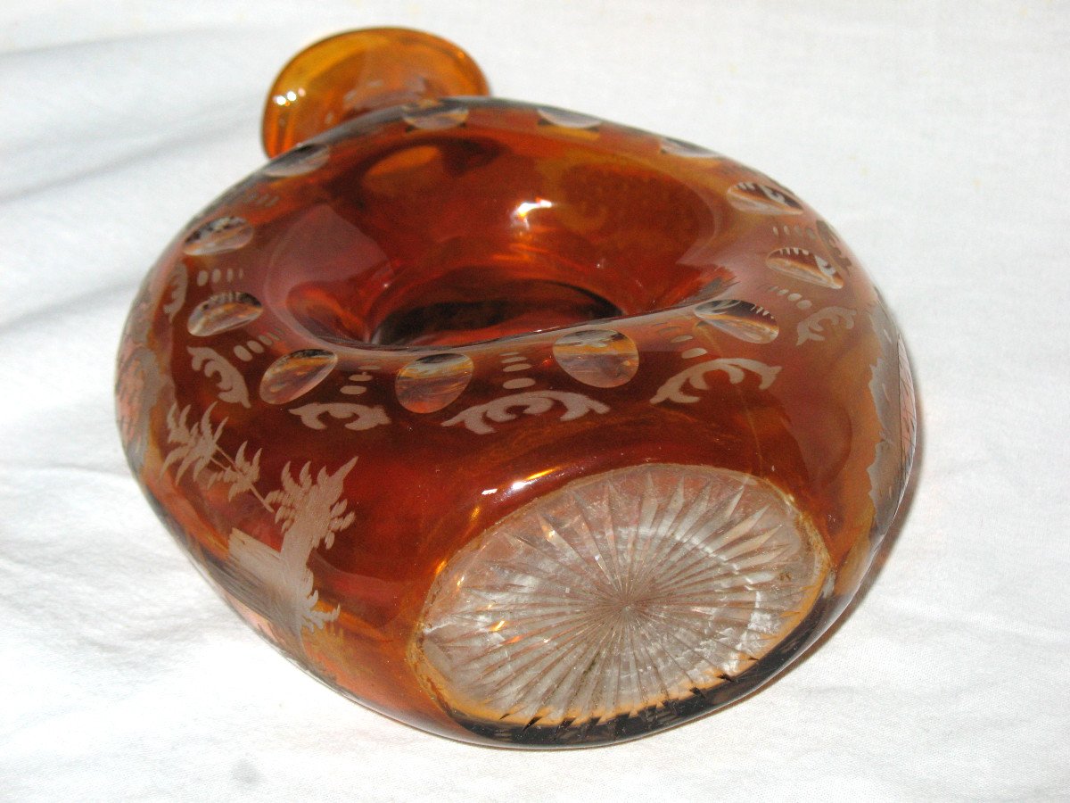 Bohemian Amber Glass Gourd Vase Decorated With Animals And Forest Landscapes, 19th Century-photo-8