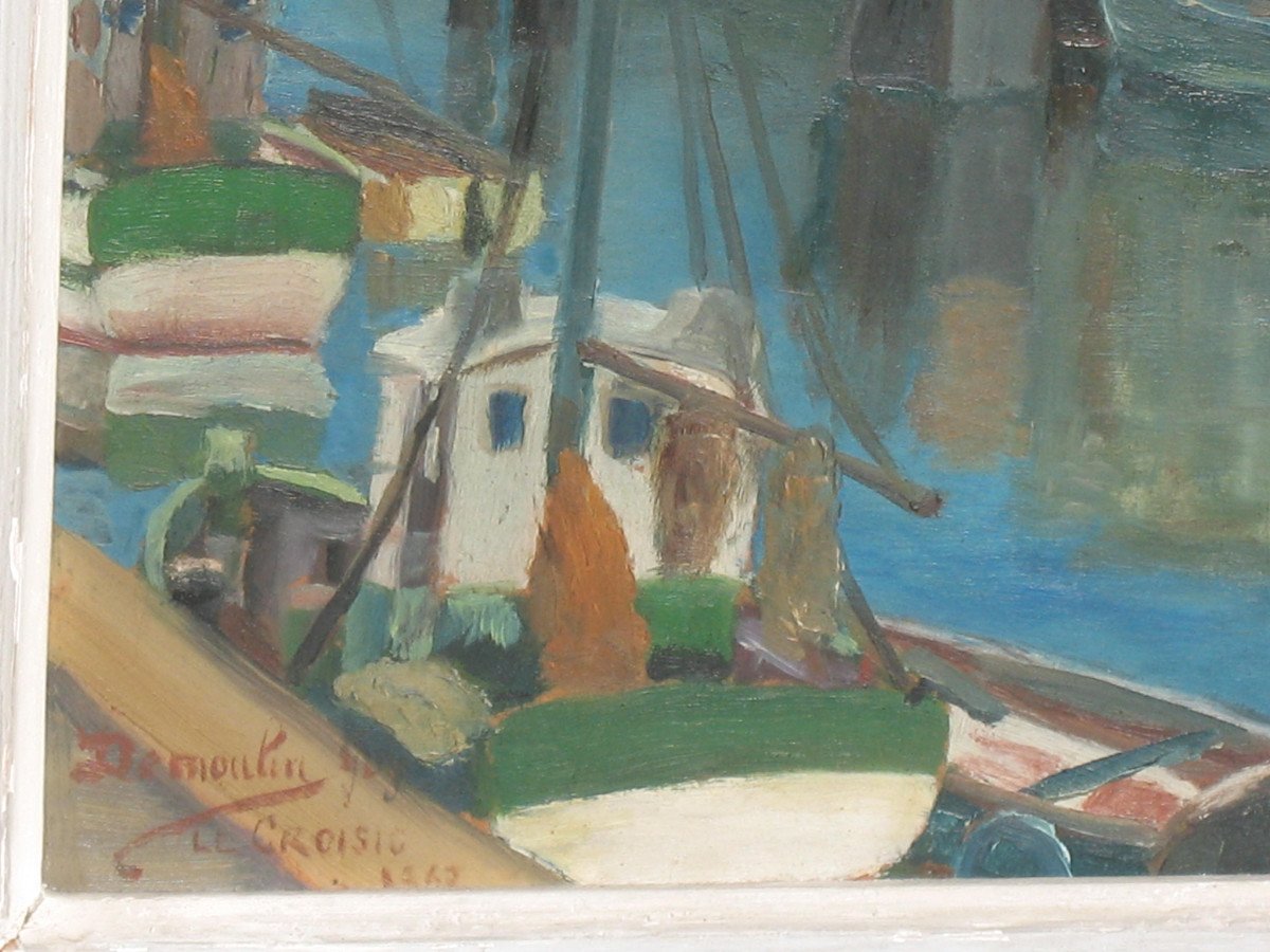 Port Du Croisic Oil On Hardboard Signed Georges Demoulin Port Scene-photo-3