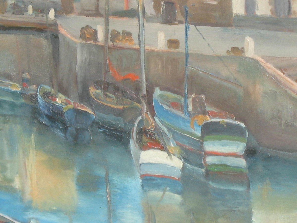 Port Du Croisic Oil On Hardboard Signed Georges Demoulin Port Scene-photo-7