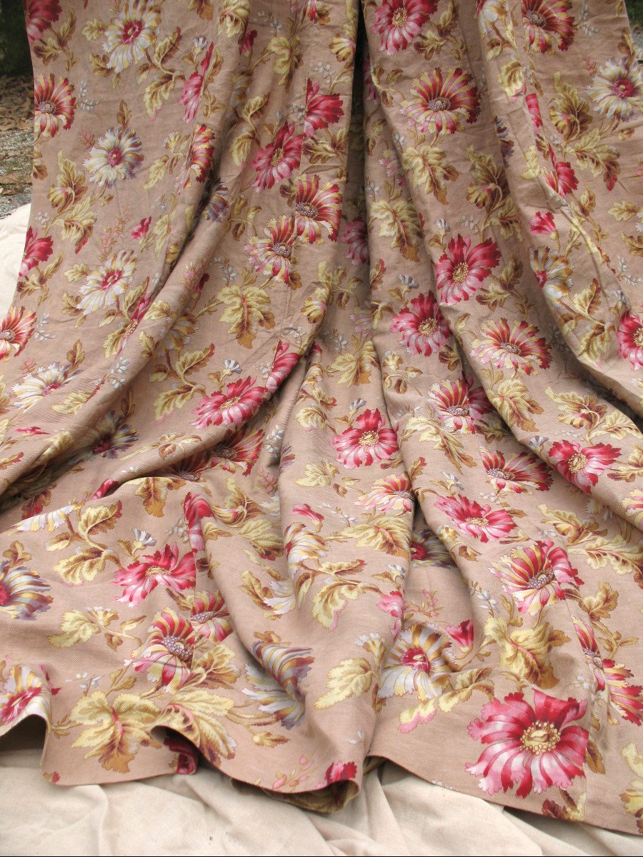 Large Linen Hanging With Floral Decoration Of Peonies D: 3.35 X 5.46 M 19th Napoleon III Period-photo-3