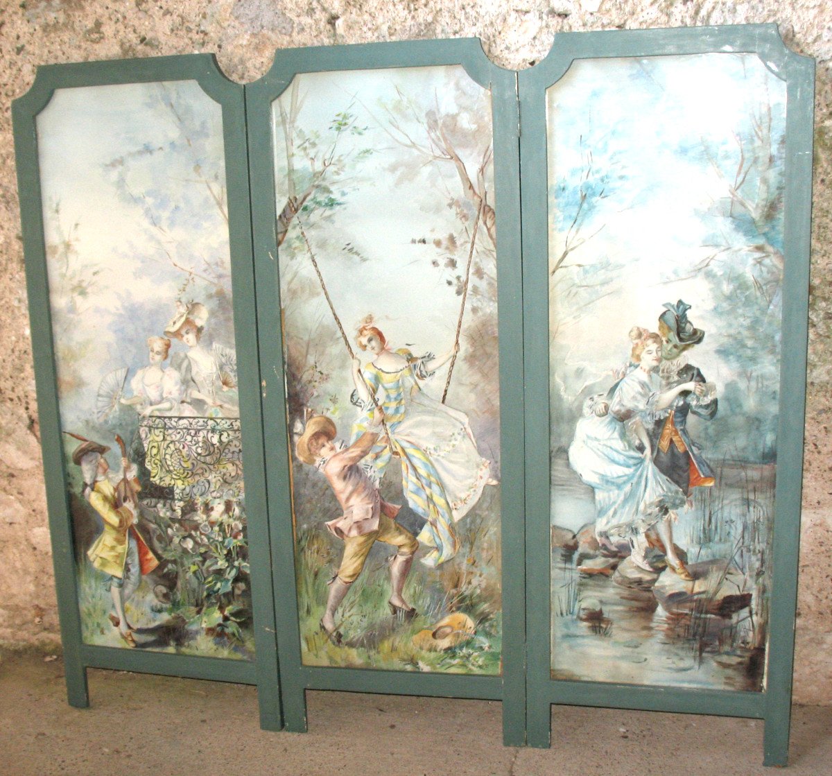Small 3-leaf Screen With Watercolor Genre Scenes In Louis XV Style, 20th Century-photo-2