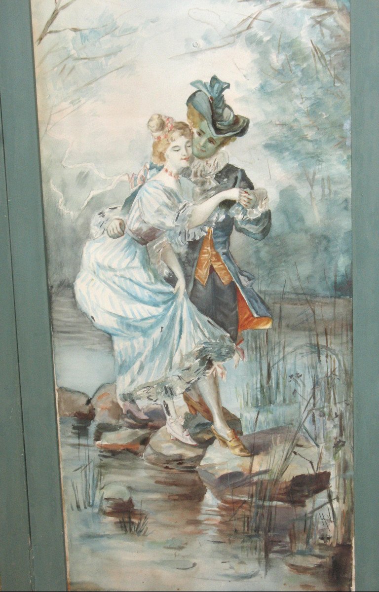 Petit paravent à 3 feuilles avec scènes de genre aquarellées de style Louis XV époque 20ème-photo-3