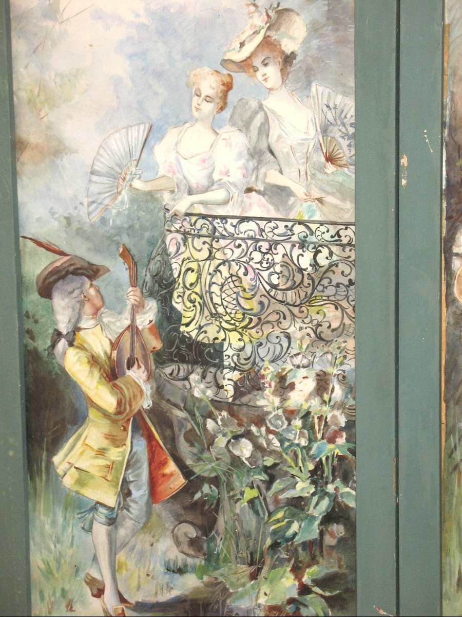 Small 3-leaf Screen With Watercolor Genre Scenes In Louis XV Style, 20th Century-photo-1