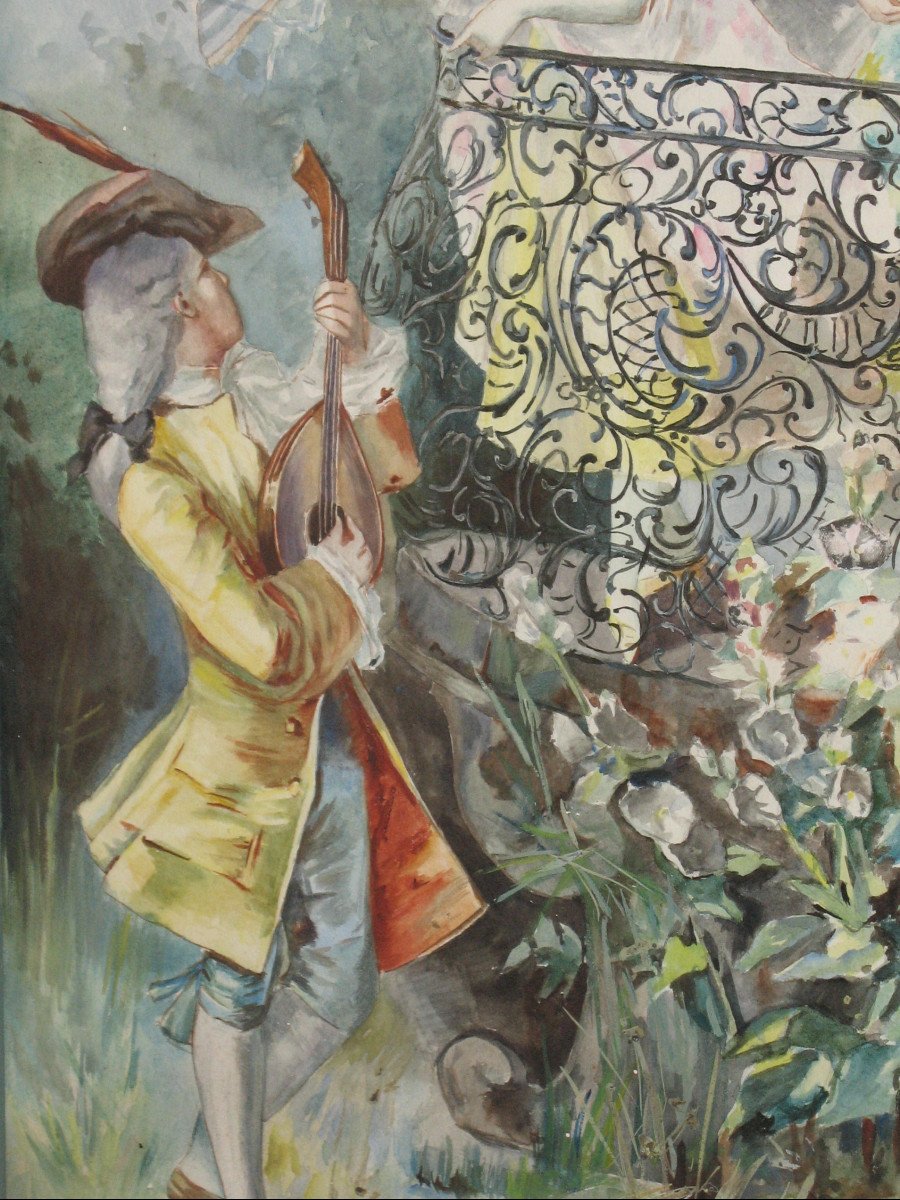 Petit paravent à 3 feuilles avec scènes de genre aquarellées de style Louis XV époque 20ème-photo-4