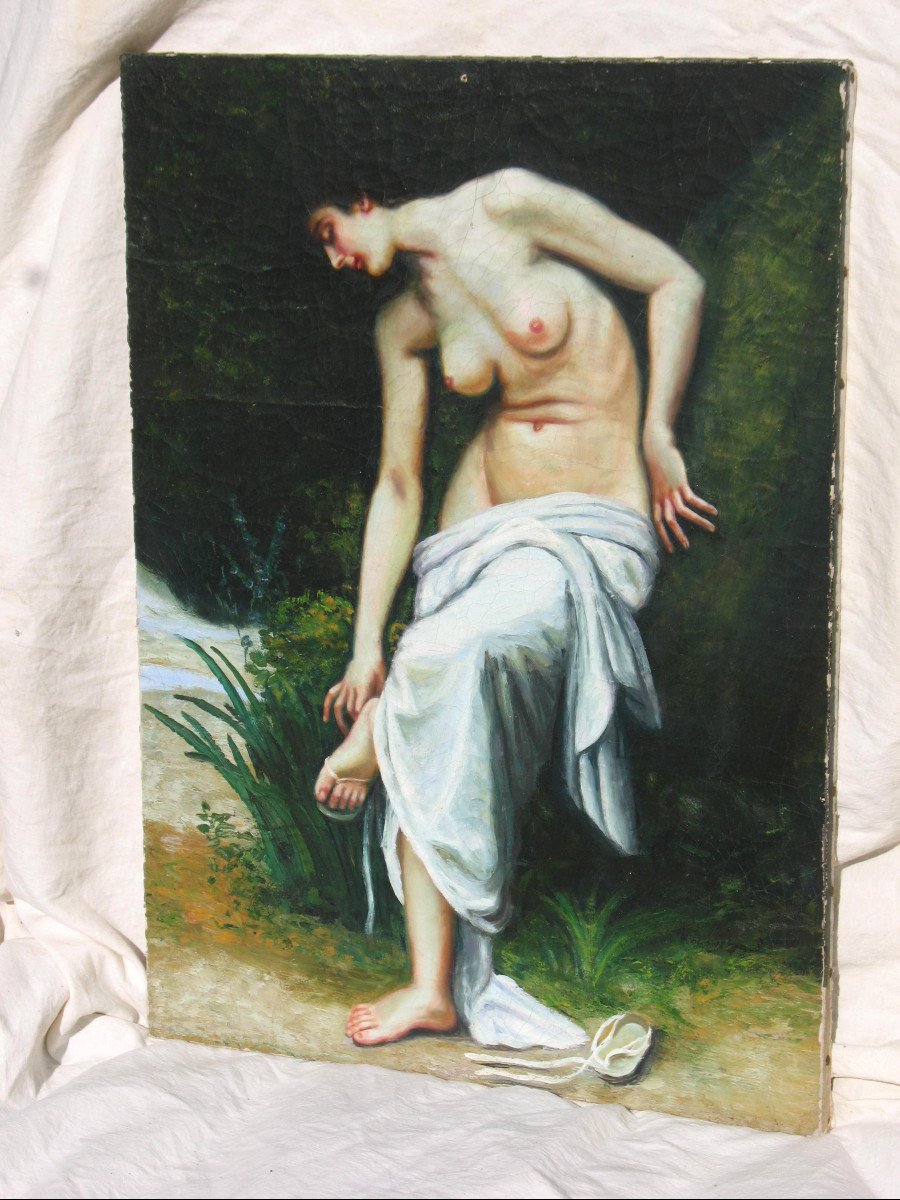 Painting Portrait Of Female Nude Oil On Canvas Signed 19th Century-photo-2