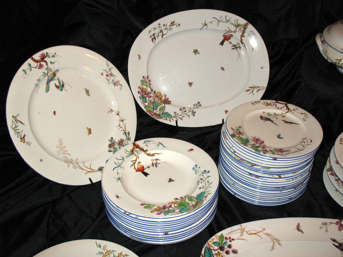 Table Service In Fine Earthenware From Bordeaux, Nella Decor With Flowers And Birds, 19th Century-photo-2