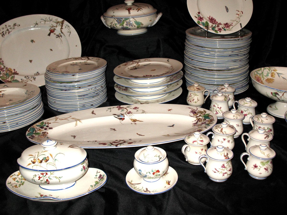 Table Service In Fine Earthenware From Bordeaux, Nella Decor With Flowers And Birds, 19th Century-photo-3