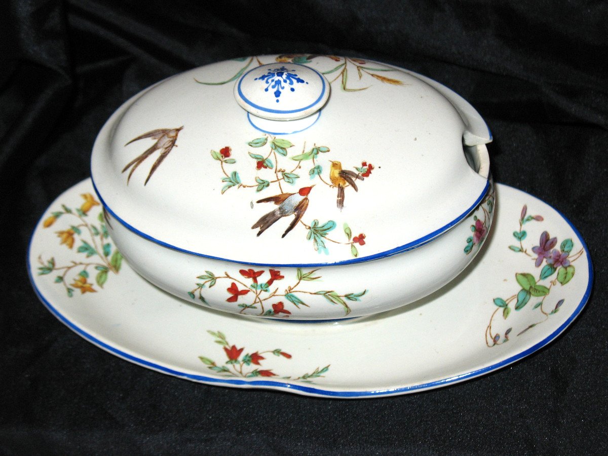 Table Service In Fine Earthenware From Bordeaux, Nella Decor With Flowers And Birds, 19th Century-photo-4