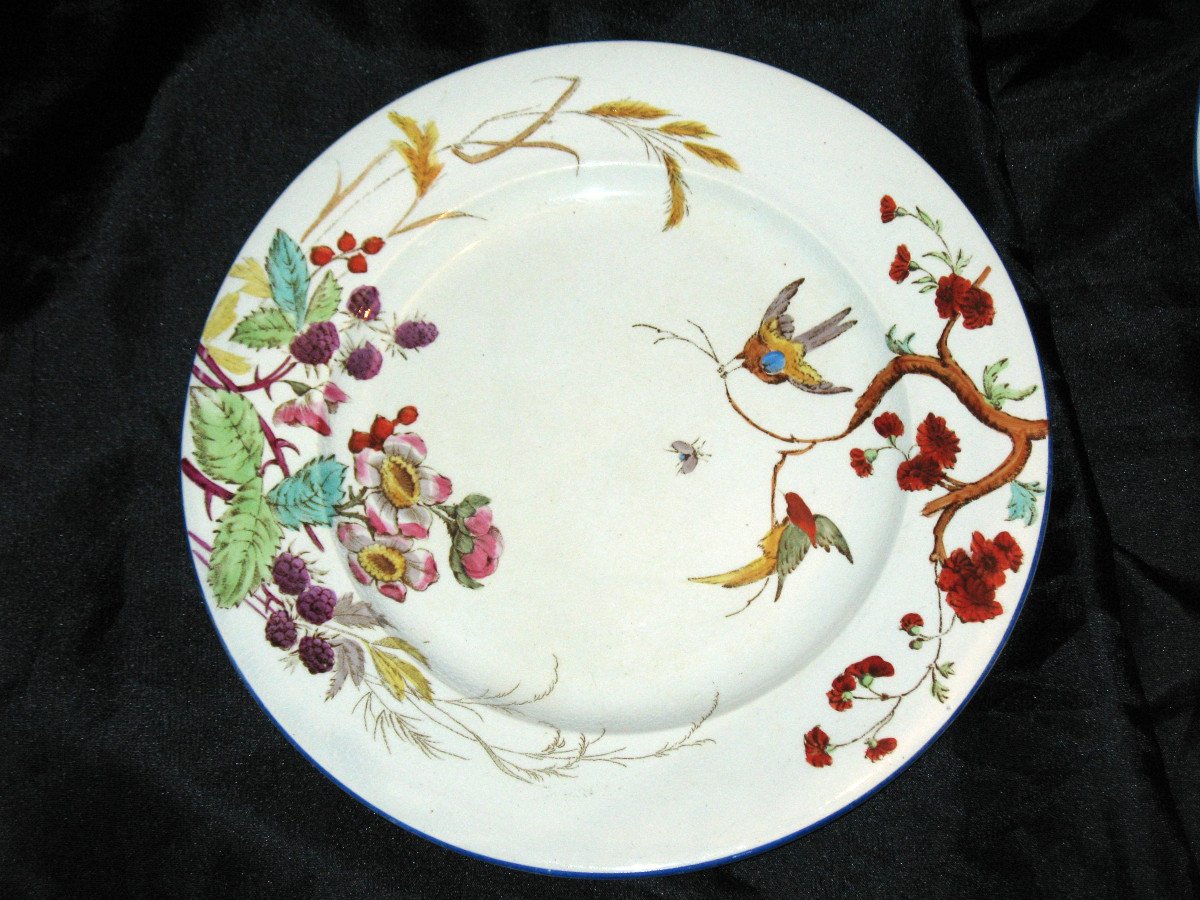 Table Service In Fine Earthenware From Bordeaux, Nella Decor With Flowers And Birds, 19th Century-photo-4