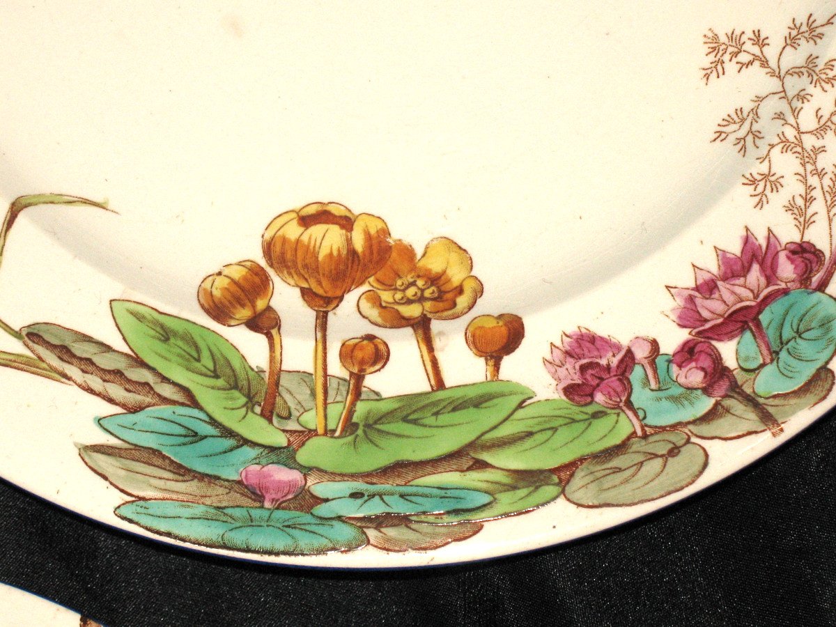 Table Service In Fine Earthenware From Bordeaux, Nella Decor With Flowers And Birds, 19th Century-photo-7