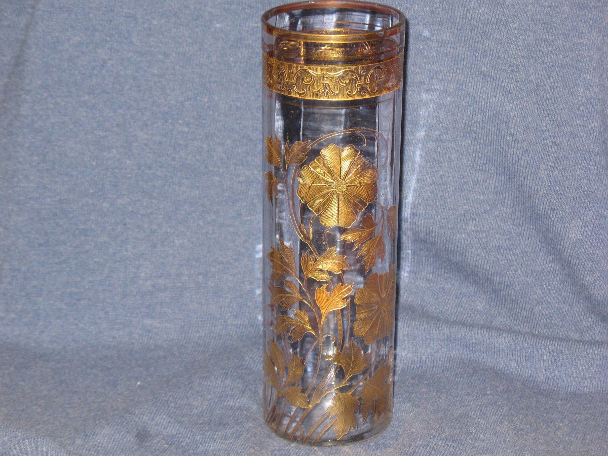 Glass Roller Vase With Gold Floral Decoration Art Nouveau Period 19th-photo-4