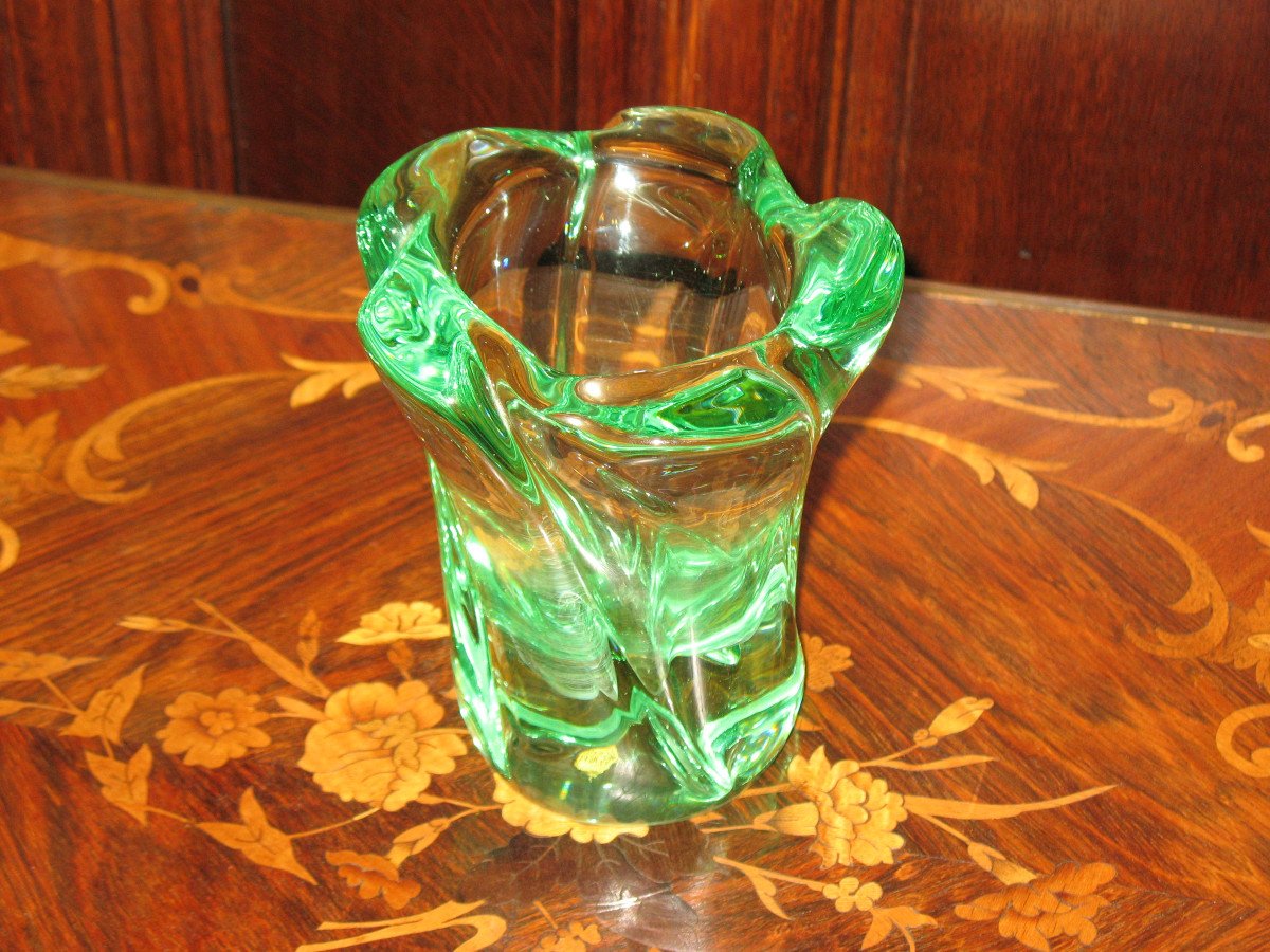 Green Daum Crystal Vase Torso Shape Signed 20th Century-photo-3