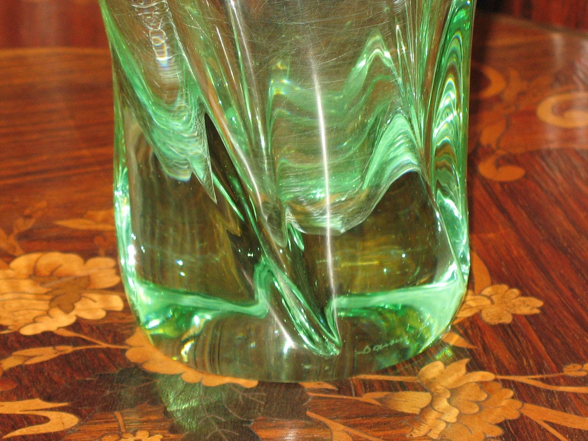 Green Daum Crystal Vase Torso Shape Signed 20th Century-photo-1