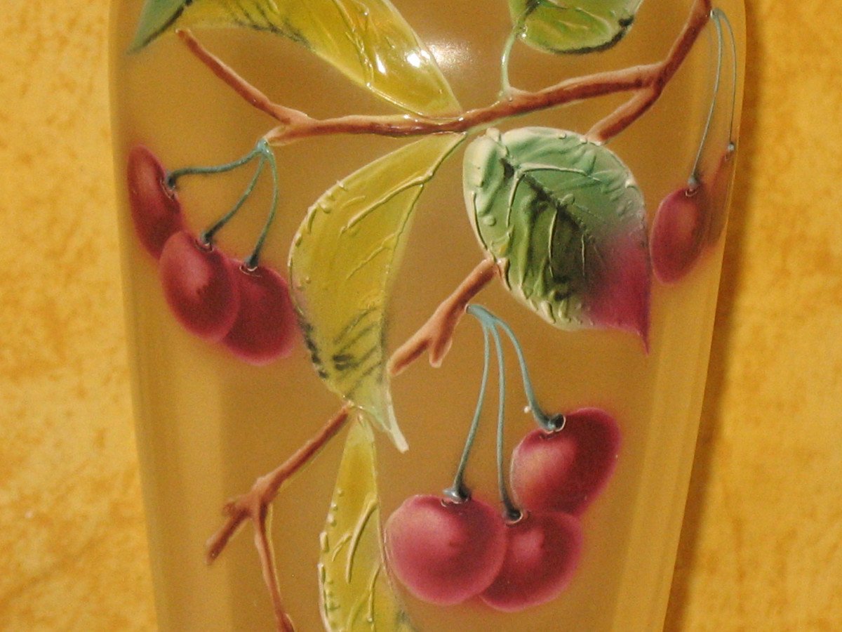 Pair Of Enameled Glass Vases Decorated With Cherries, Early 20th Century-photo-2