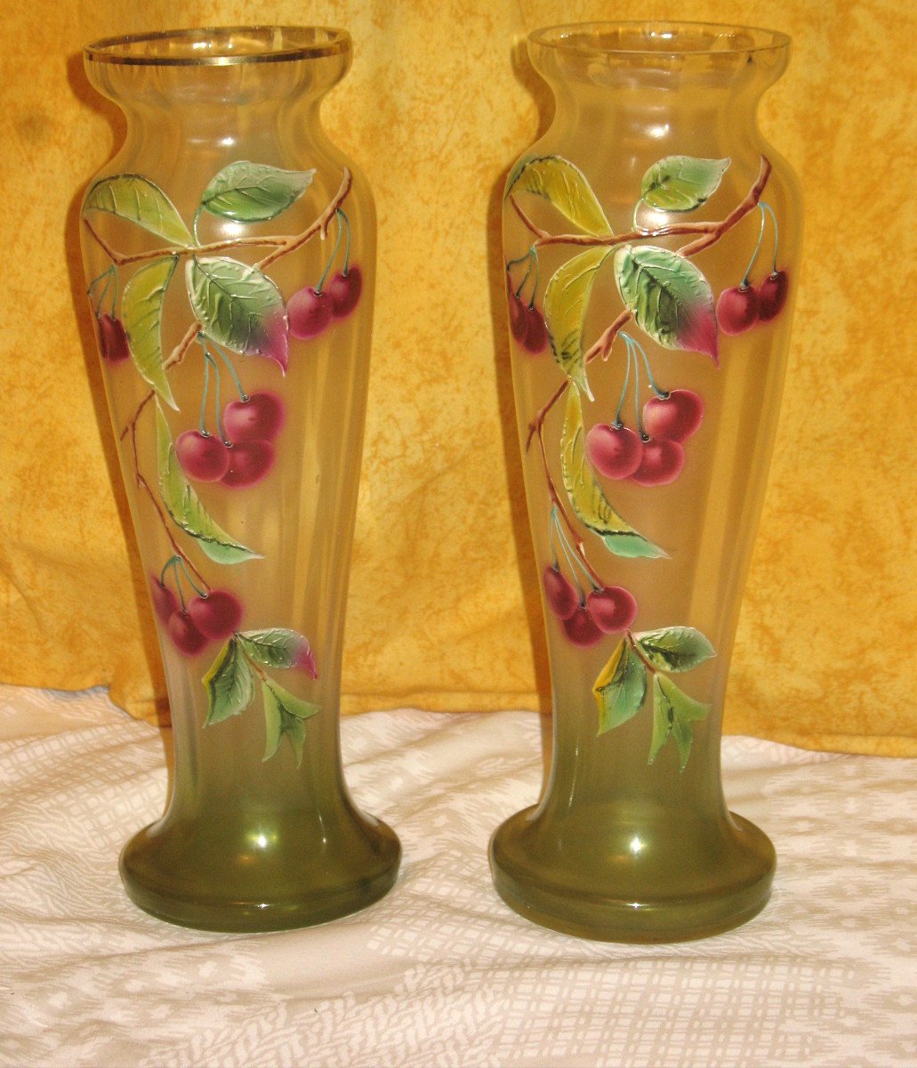 Pair Of Enameled Glass Vases Decorated With Cherries, Early 20th Century