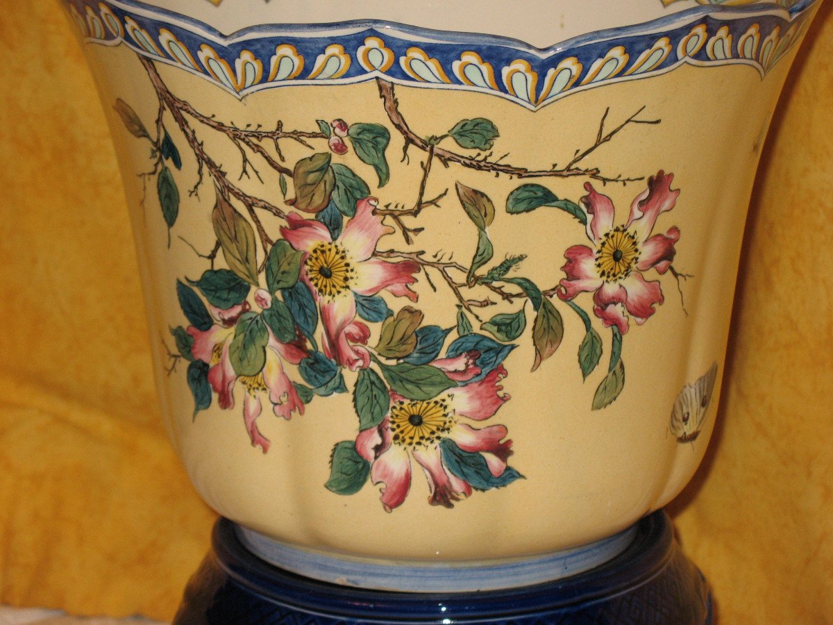 Large Gien Earthenware Planter With Japanese Decoration Of Birds And Flowers, 19th Century-photo-2