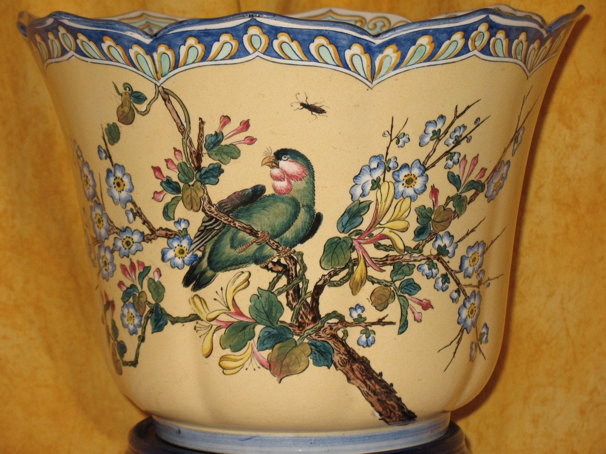 Large Gien Earthenware Planter With Japanese Decoration Of Birds And Flowers, 19th Century-photo-4