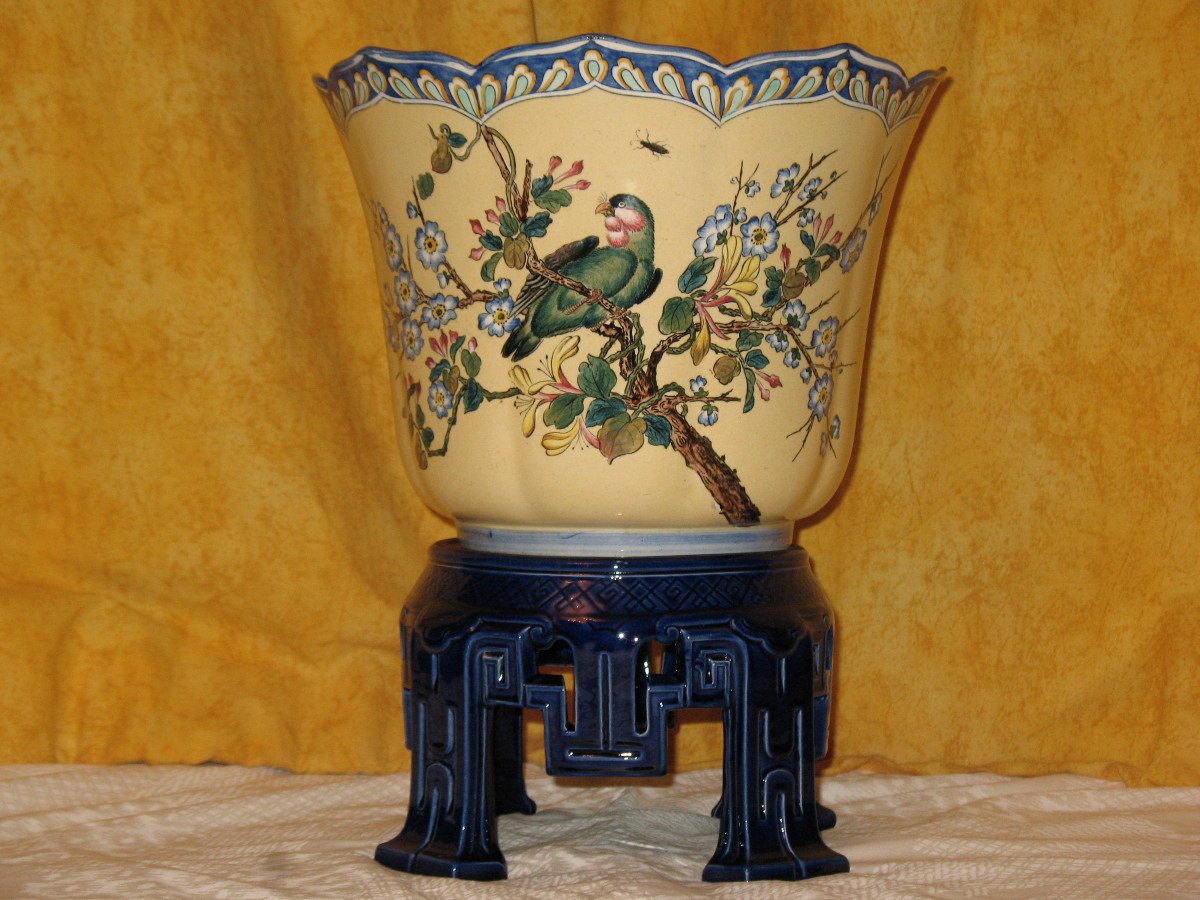 Large Gien Earthenware Planter With Japanese Decoration Of Birds And Flowers, 19th Century-photo-5