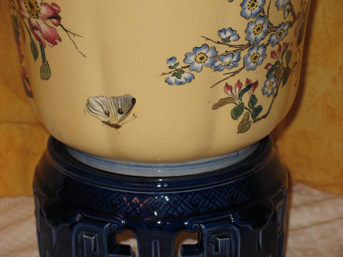 Large Gien Earthenware Planter With Japanese Decoration Of Birds And Flowers, 19th Century-photo-6