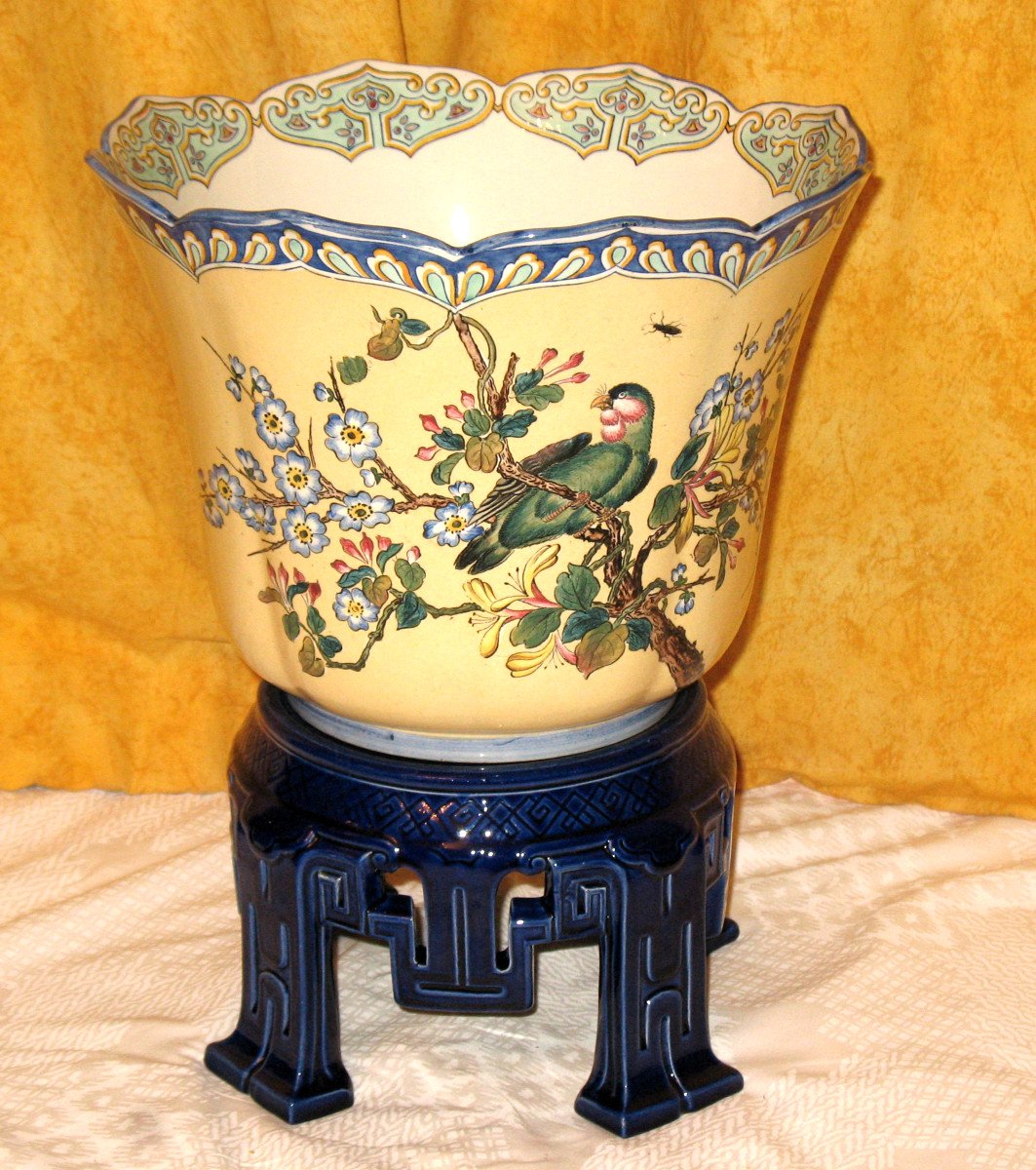 Large Gien Earthenware Planter With Japanese Decoration Of Birds And Flowers, 19th Century