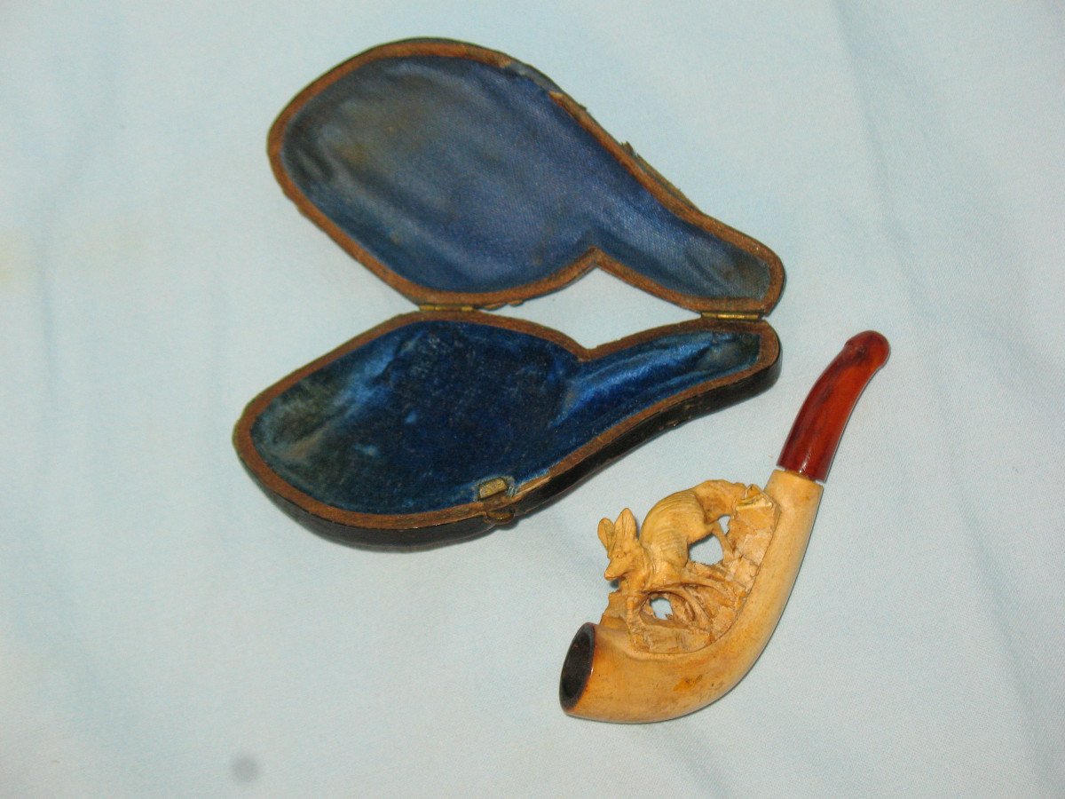 Meerschaum And Amber Pipe In Its Original Case Representing A Fox From The 19th Century-photo-3