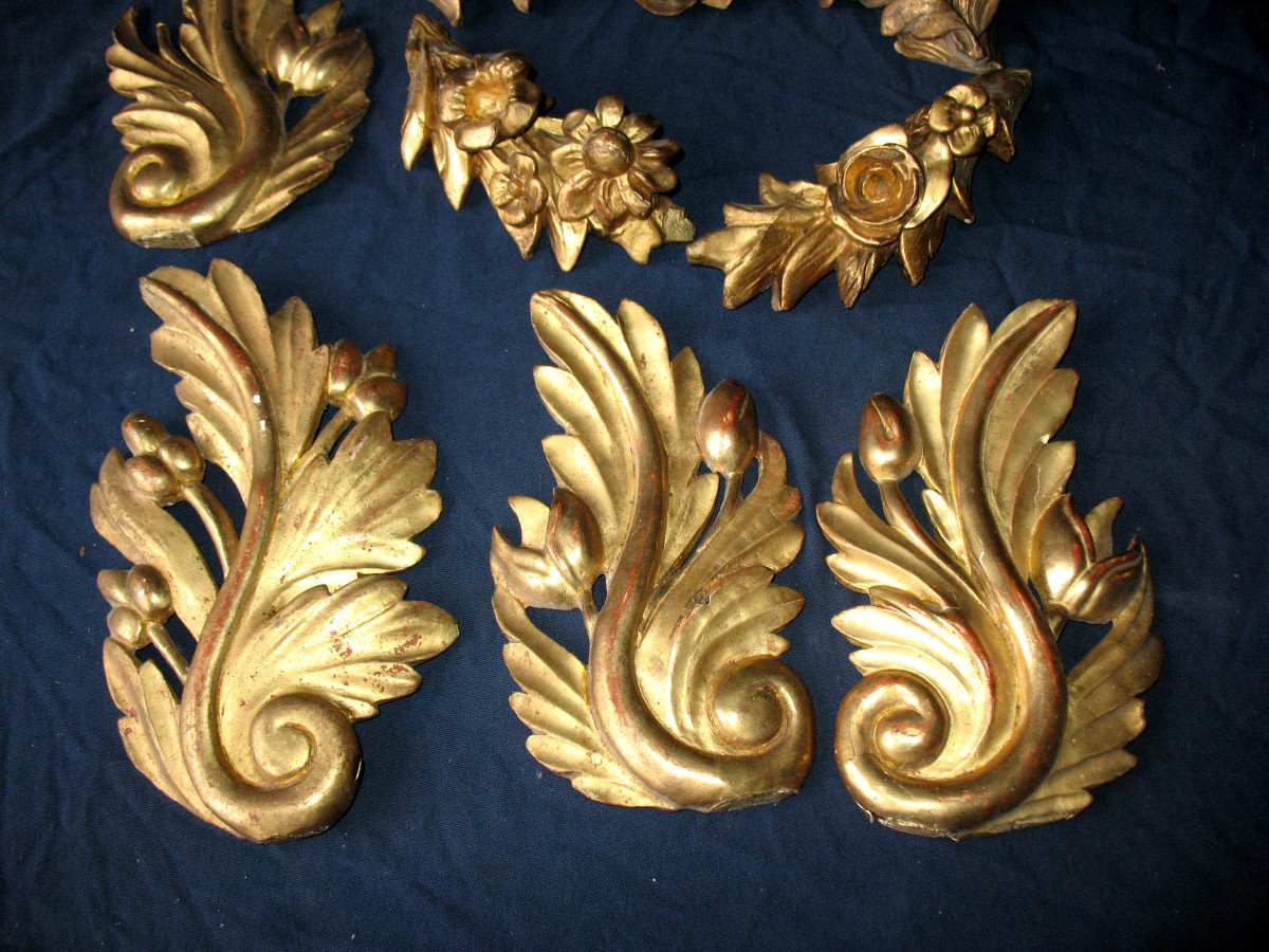 Set Of 7 Elements In Gilded Wood And Carved With Floral Decoration, 19th Century-photo-3