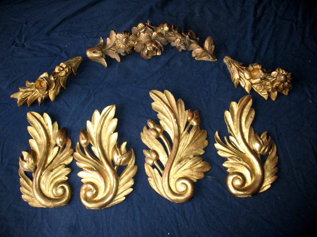 Set Of 7 Elements In Gilded Wood And Carved With Floral Decoration, 19th Century-photo-8