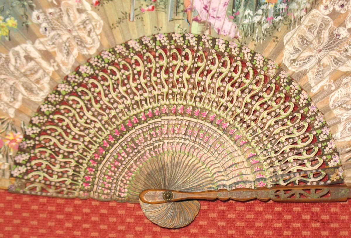 Fan With Lace Decoration, Genre Scene, Flowers And Birds Painted On Gauze, 19th Century-photo-3