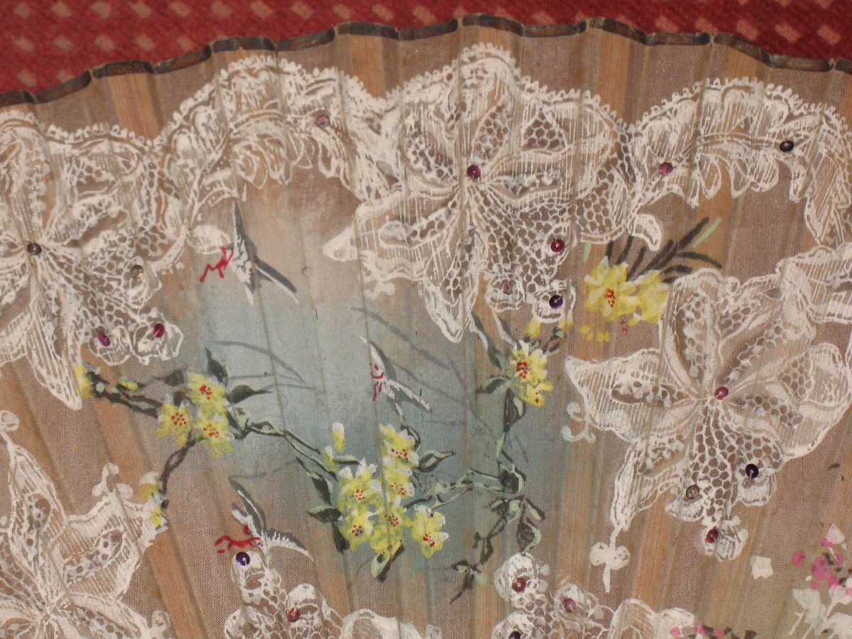 Fan With Lace Decoration, Genre Scene, Flowers And Birds Painted On Gauze, 19th Century-photo-6
