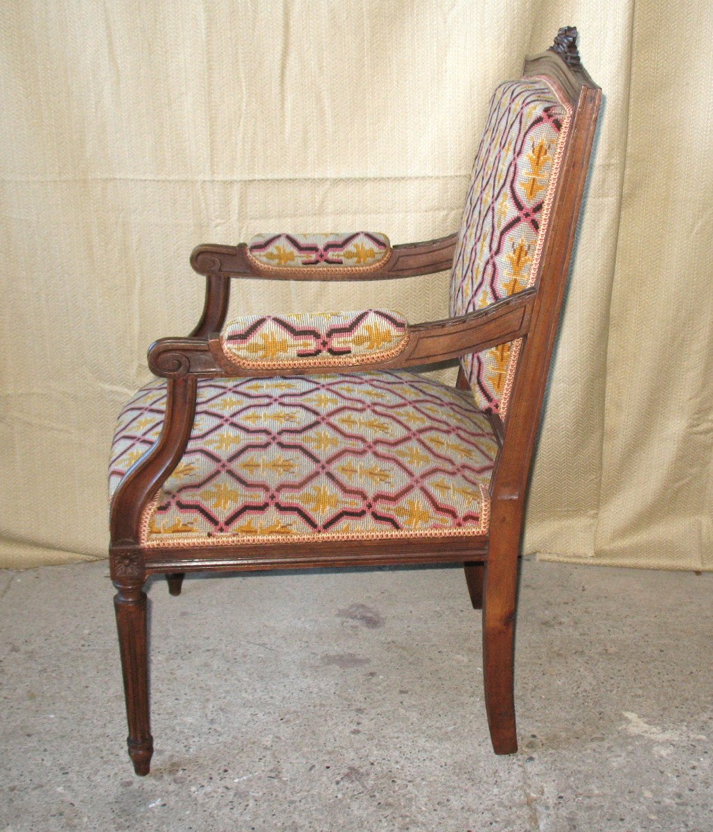 Pair Of Walnut Armchairs With Flat Backs, 19th Century Louis XVI Style, Stitched Trim-photo-3