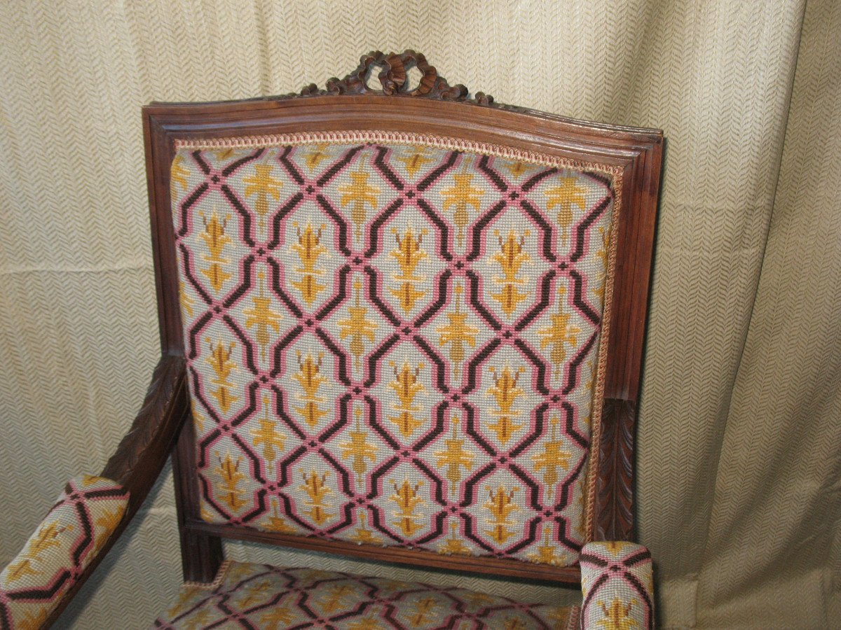 Pair Of Walnut Armchairs With Flat Backs, 19th Century Louis XVI Style, Stitched Trim-photo-4