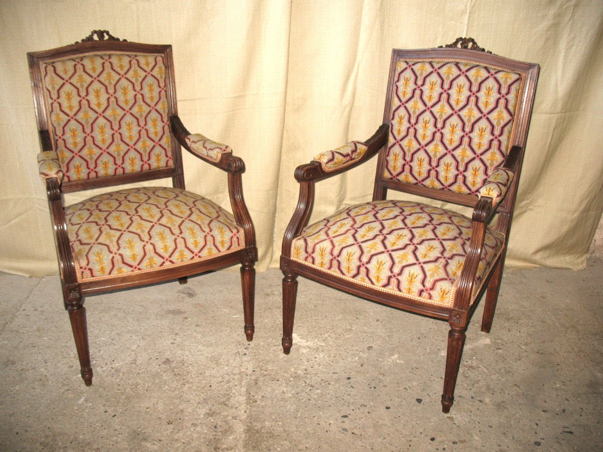 Pair Of Walnut Armchairs With Flat Backs, 19th Century Louis XVI Style, Stitched Trim-photo-2